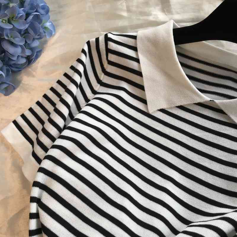 Two Piece Set Women Summer Lce Silk Knitted Striped Short Sleeve T Shirts+Stretch Waist Full Length Pants 210520