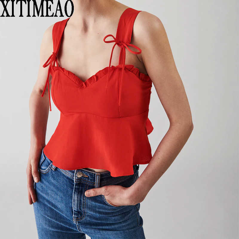 Za Retro Blouse Women High Waisted Bow Tie Slim Sleeveless Camisole Vest Ruffle decoration Casual Tops XITIMEAO 210602, Red
Za Retro Blouse Women High Waisted Bow Tie Slim Sleeveless Camisole Vest Ruffle decoration Casual Tops XITIMEAO 210602, Red