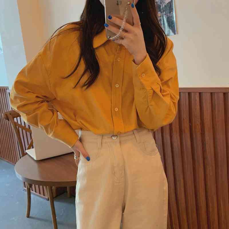OL Elegant Vintage Chic Corduroy Shirt Women Blouses Tops Spring Autumn Loose Lapel Long Sleeve Shirts Woman Clothes 210421
