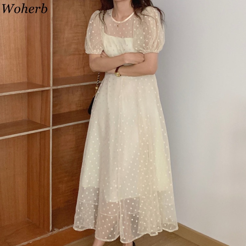 Vintage Dress Women O Neck Polka Dot Gauze Puff Sleeve Vestidos Temperament Slim Black Maxi Dresses Summer Elegant Robe 210519
