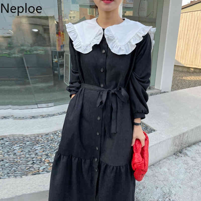 Neploe Korean Chic Maxi Dresses Women Temperament Peter Pan Collar Ruffles Vestidos Single Breasted Loose Lace Up Elegant Dress 210422