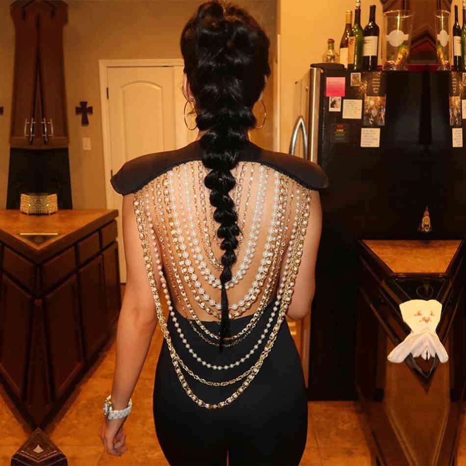 Summer Women Jumpsuit Elegant Beads Sexy Backless Sleeveless Chain Celebrity Night Club Party Jumpsuits Rompers 210423