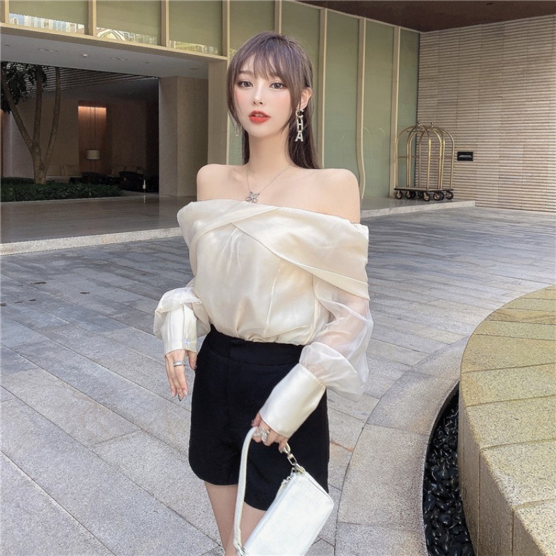 Slash Neck Long Sleeve Shirt Women Elegant Off Shoulder Korean Chic Blouse See Through All-match Tops Blusas Mujer 210519