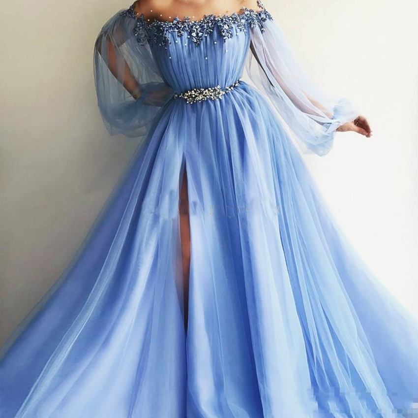 Off The Shoulder Evening Dresses 2021 Puff Sleeves Appliques Beaded Tulle Split Light Sky Blue Party Gowns Lavender Prom Dresses
