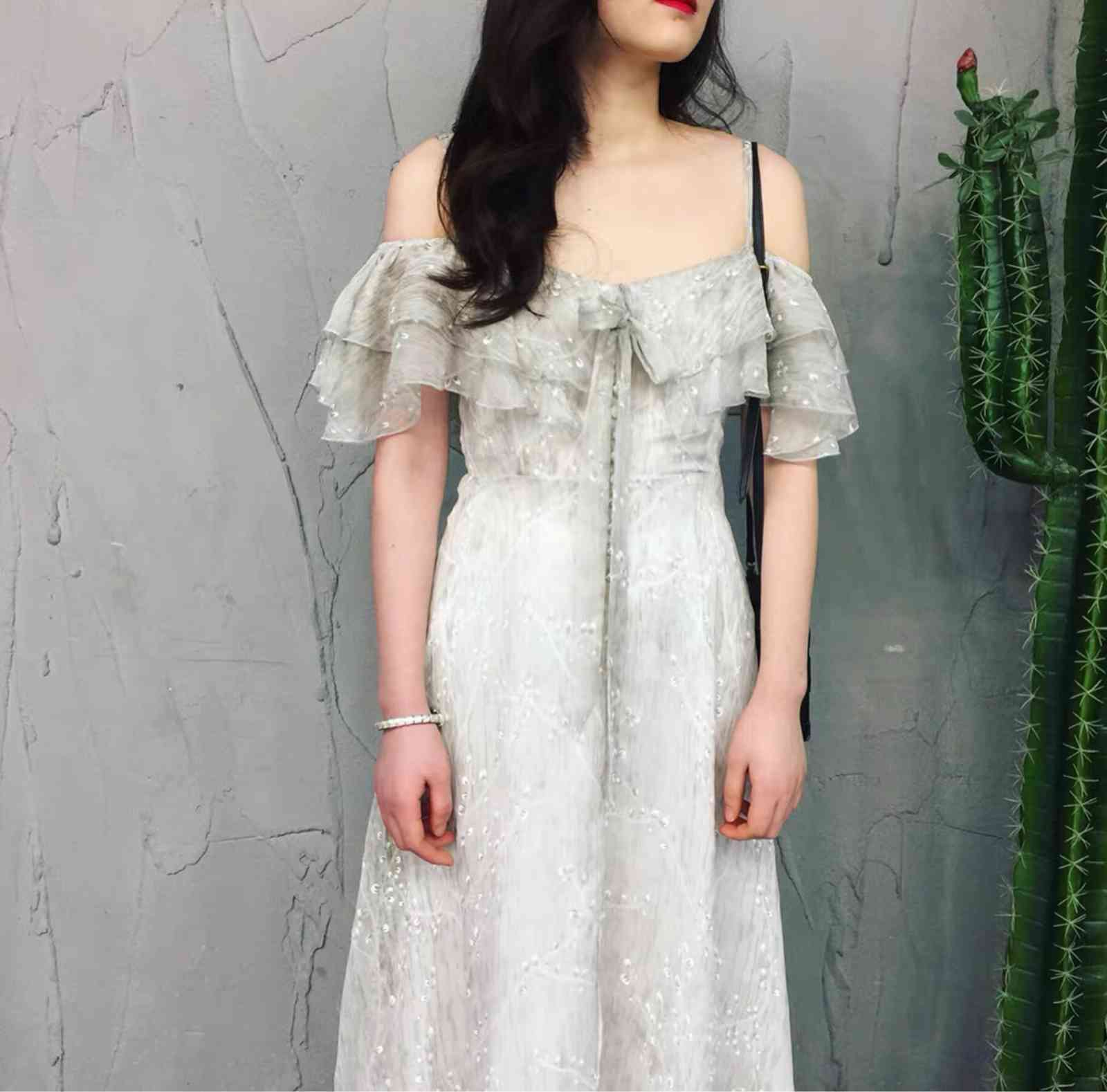 Women Slim Ruffle Maxi Sundress Fairy Elegant Party Vacation Tropical Beach Straps Dress Vintage Korean Runway Vestidos 210421