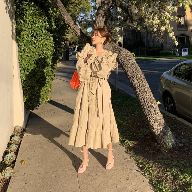 Comelsexy Autumn Women Vintage Loose High Waist Slim Was Thin Elegant Splice Single-breasted Ruffles Maxi Dress Vestido 210515