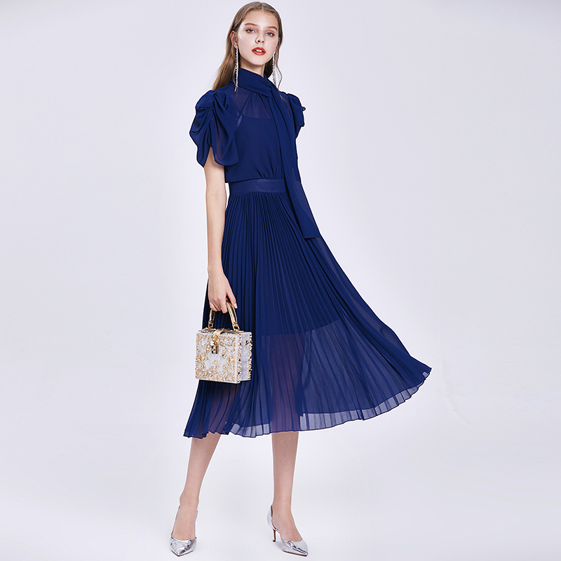Vintage Elegant Bowknot Collar Pink Summer Chiffon Pleated Midi Long Dress Retro Office Lady Work with Button 210506