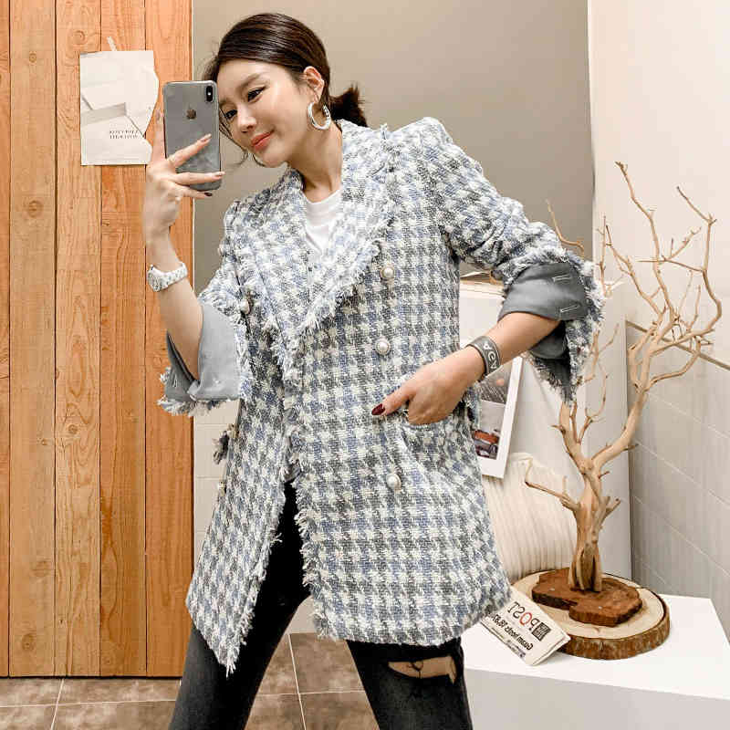 Women Autumn Fashion Double Breasted Plaid Jacket Vintage Turn Down Collar Tweed Streetwear Outwear Jackets Coat 210506
