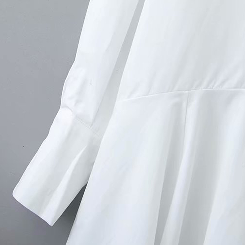 Women White Shirt Mini Dress Turn Down Collar Latern Long Sleeve Office Lady Pleated Cotton Casual Loose Vestidos 210515