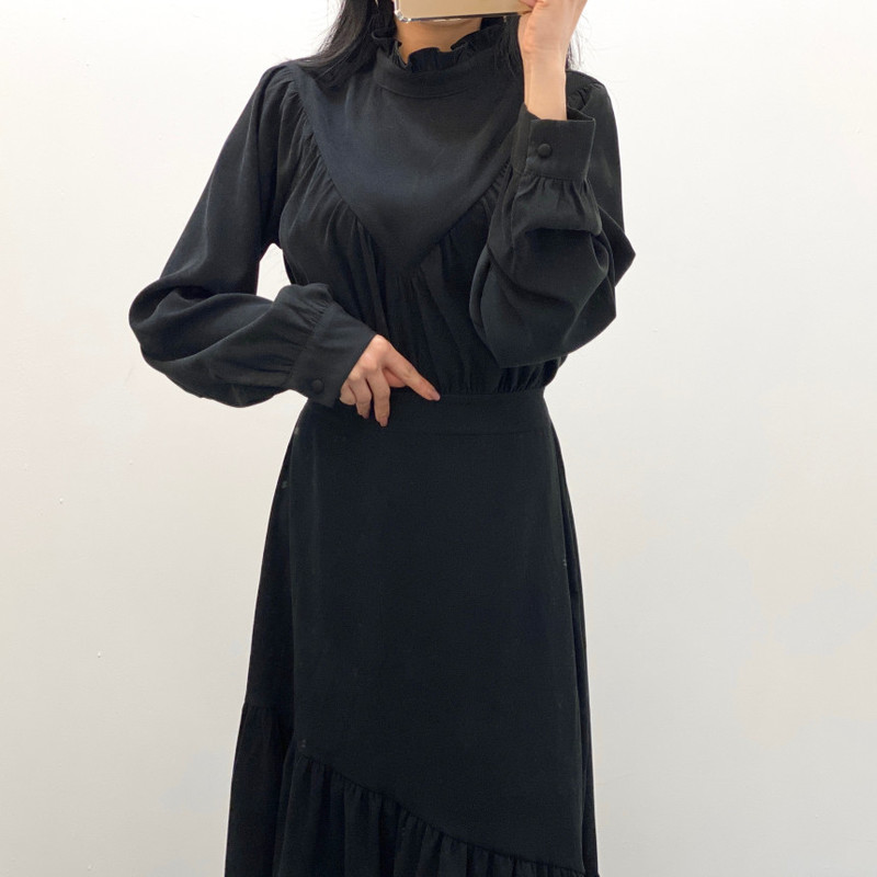 Korea Irregular Ruffled Waist Straps Women Dress Long Sleeve High Pleated Vestido Female 12802 210427