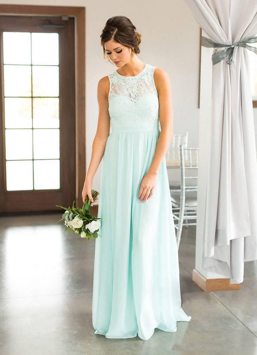 2021 Mint Green Lace Country Bridesmaids Dresses Long Sheer Jewel Neck Chiffon Wedding Guest Dress Floor Length Cheap Maid Of Honor Gowns