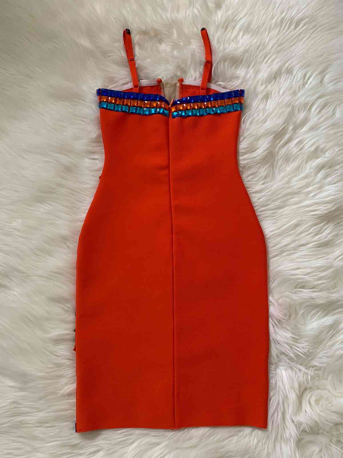 High Quality Orange Slip Mantual Beading Sparkly Rayon Bandage Dress Elegant Club Party Dress Vestidos 210409