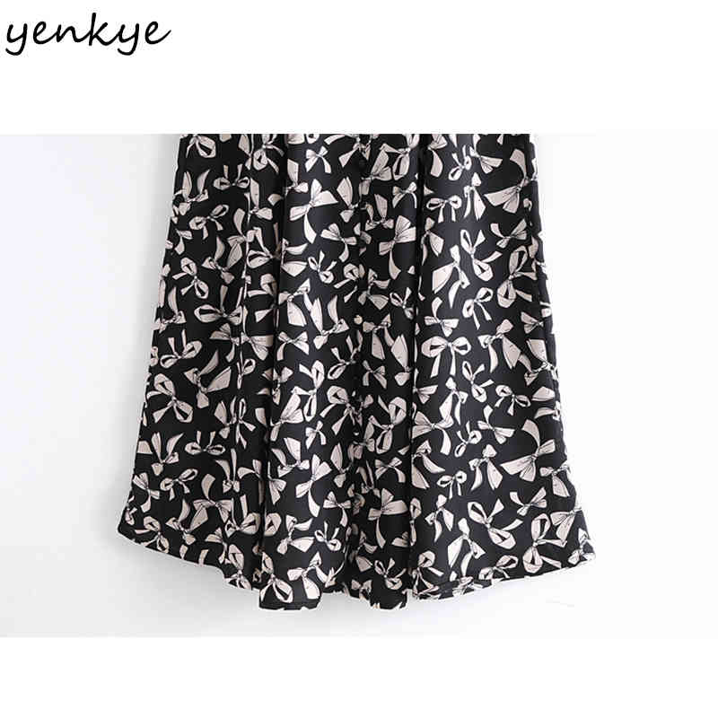 YENKYE Fashion Women Bow Pattern Print Long Maxi Dress Elegant Lady Sexy V Neck Puff Sleeve Draped Spring Dress Robe Longue 210515