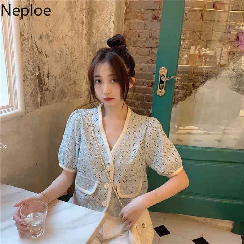 Neploe Vintage Blouses Puff Sleeve Top Women's Elegant Summer Wild Short Blusas Mujer V Neck Single Breasted Chic Buttons Shirts 210422