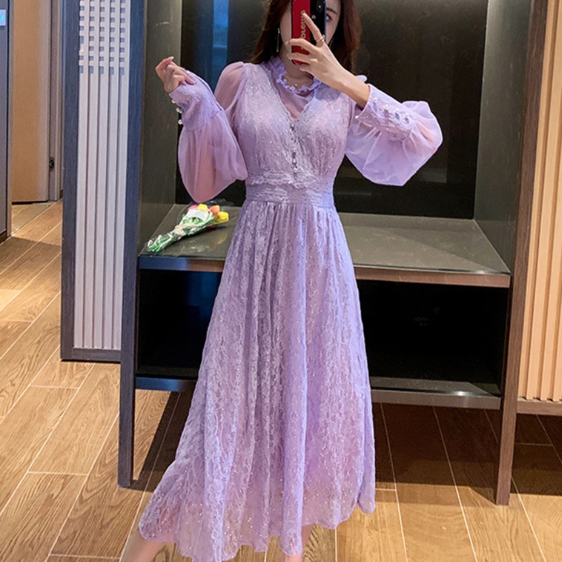 Sweet Purple Fairy Vintage Dress French Spring Elegant Lace High Waist Casual Slim Midi Dress Female 210518