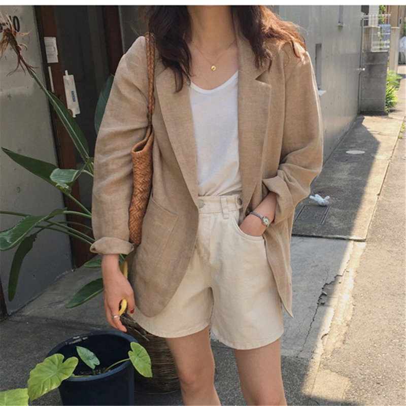 Chic Light-Brown Thin High Quality Office Lady Women Linen Fashion All-Match Retro Loose Streetwear Vintage Blazers 210421