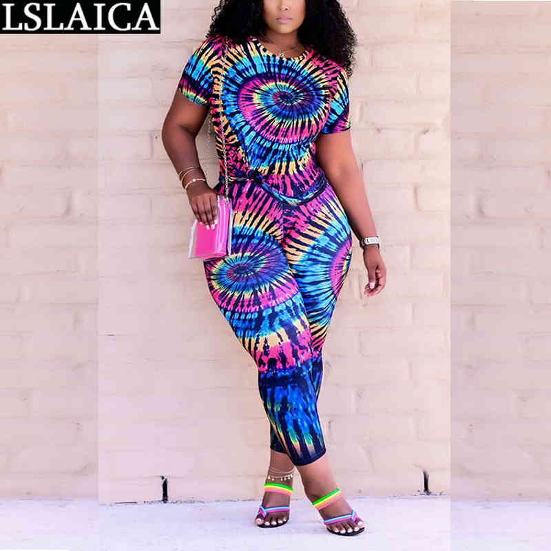 Drop Summer Suit Short Sleeve T-shirt Long Pants Tie Dye Print Plus Size Women's Sports Elegant Casual Home 210520