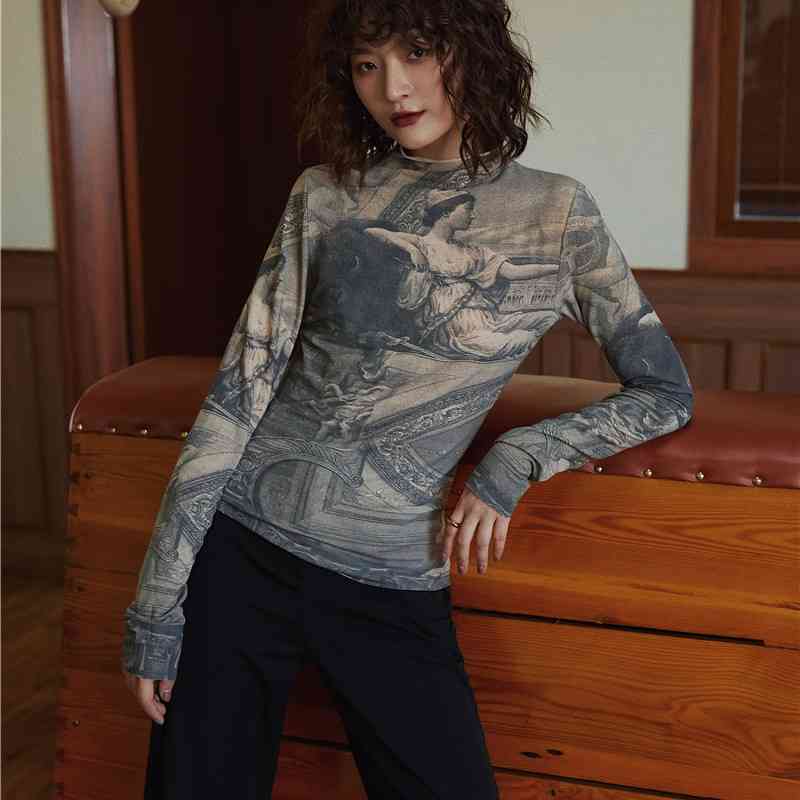 Renaissance Print Vintage Top Turtleneck Long Sleeve Blouse Women Spandex Bodycon Ladies Tops Clothes 210427