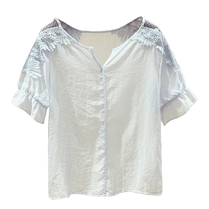 Solid Short Sleeve Lace White Shirt Korean Womens Tops and Blouses Blusas Mujer De Moda Loose Office Lady Clothes 9901 210506