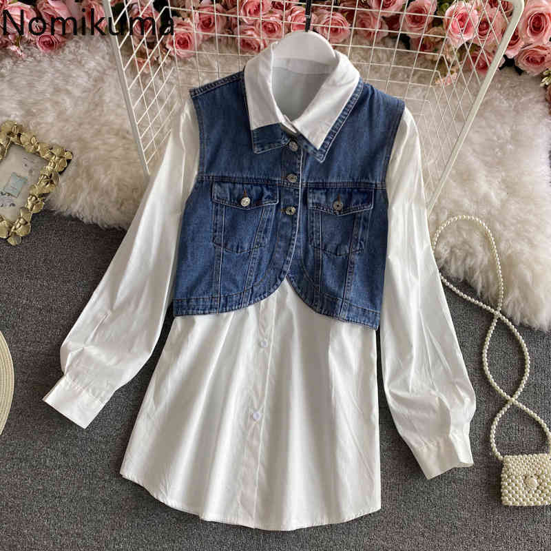 Nomikuma Spring Korean Women Sets Causal Demin Vest + Medium-long Solid Long Sleeve Blouse Shirt Outfits 6F523 210427