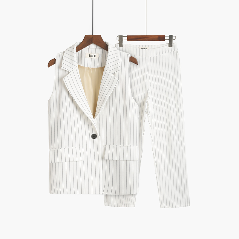 Work Wear Elegant Pants Suit 2 Piece Set Women Striped Vest Blazer & Office Lady Notched Jacket Formal Sets 210421