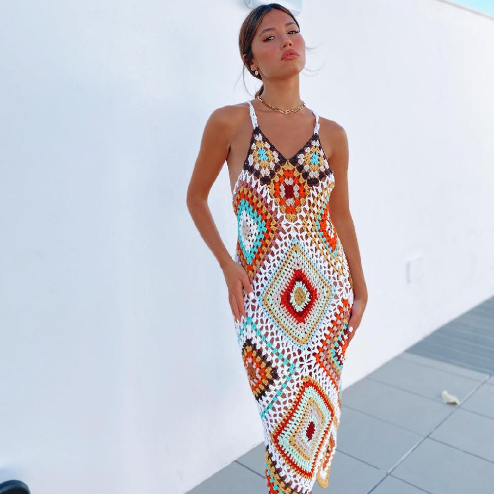 Handmade Crochet Beach Dress Cover Up Sexy Hollow Out Mesh Knitted Tunic Swimsuit Coverup Womens Sarong Robe De Plage A273 210420