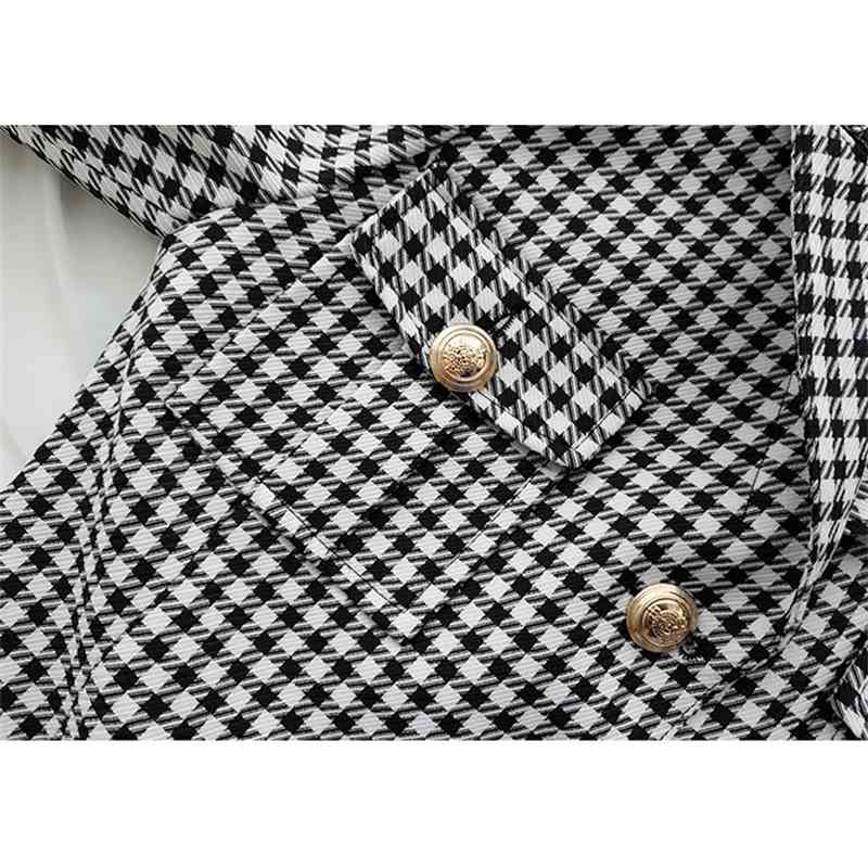 High Quality Autumn Winter Woman Houndstooth Sets Two Piece Outfits Matching Pants Casual Single-Breasted Office Waist Suit 210520
