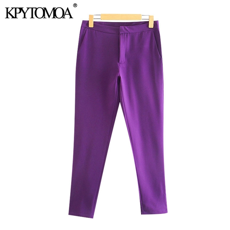 Women Chic Fashion Office Wear Pockets Basic Pants Mid-Waist Side Vents Female Ankle Trousers Mujer 210420