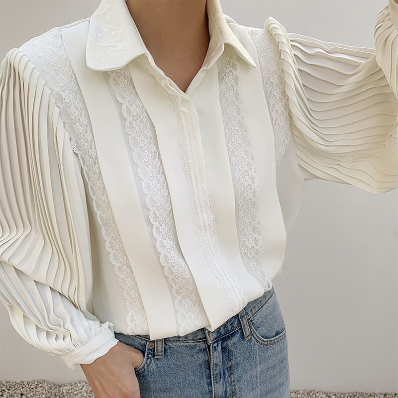 Nomikuma Korean Pleated Lantern Sleeve Blouse Shirt Causal Lace Patchwork Women Tops Elegant Turn-down Collar Blusas 6D661 210427