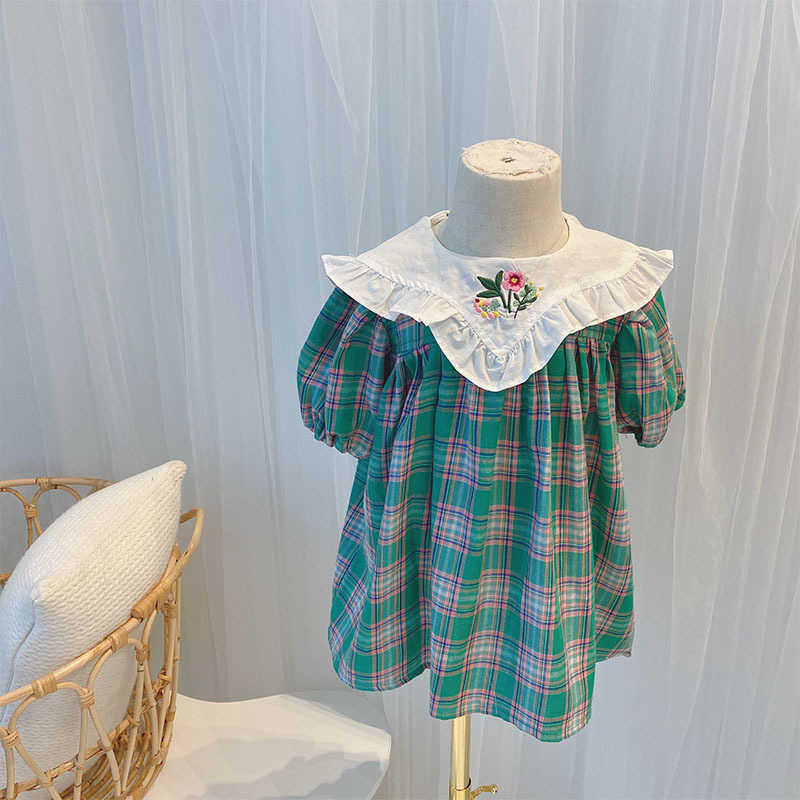 Korean Style Little Girls Embroidery Dresses Children Clothing Girl Korea Dress Baby Summer Plaid Frocks Kids Outfits 210615