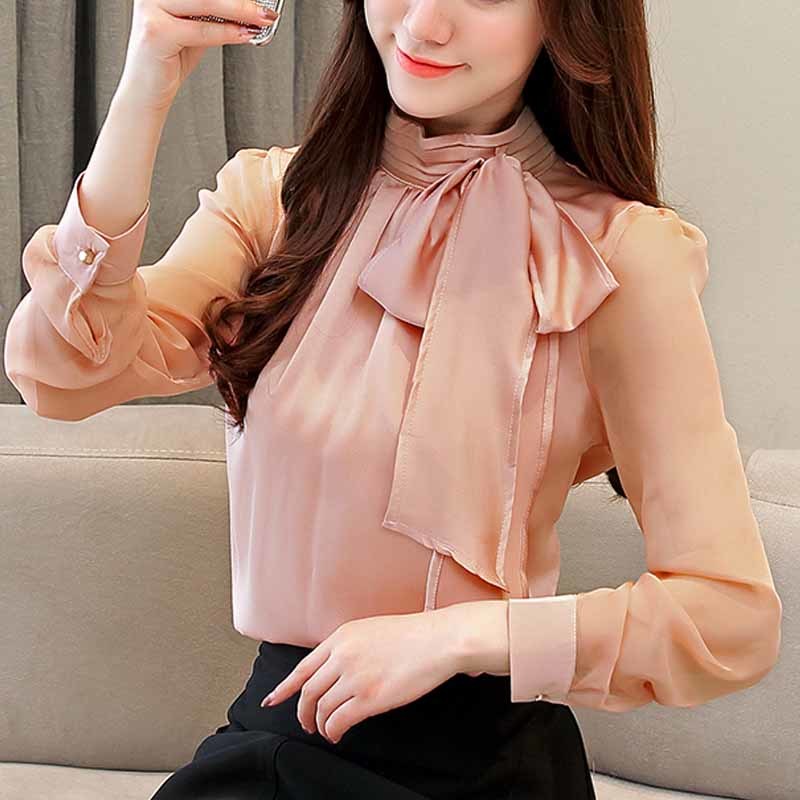 Summer Fashion Long Sleeve Tie Bow Chiffon Turtleneck Formal Women White Black Shirts Tunic Blouse 0599 30 210518