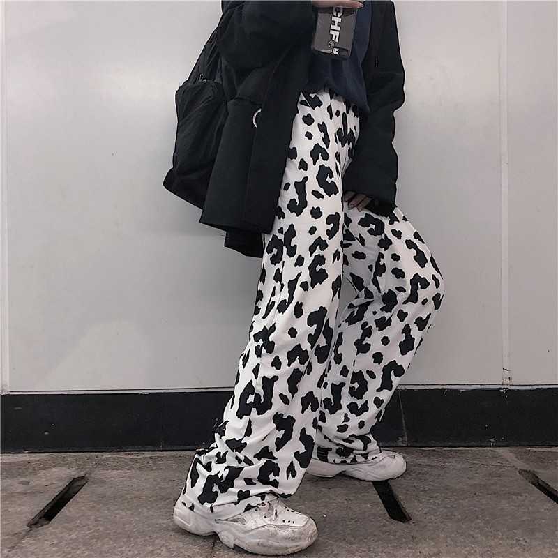 Yedinas Milk Cow Print Pants Women Korean Style Wide Leg Harajuku Chic Elastic High Waist Loose Trousers Plus Size 3XL 4XL 210527