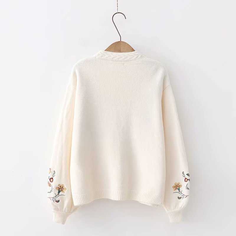 Gagaok Women Knitted Fashion Cardigan Spring Autumn V-Neck Lantern Sleeve Embroidery Floral Thick Loose Harajuku Female Sweater 211011Z