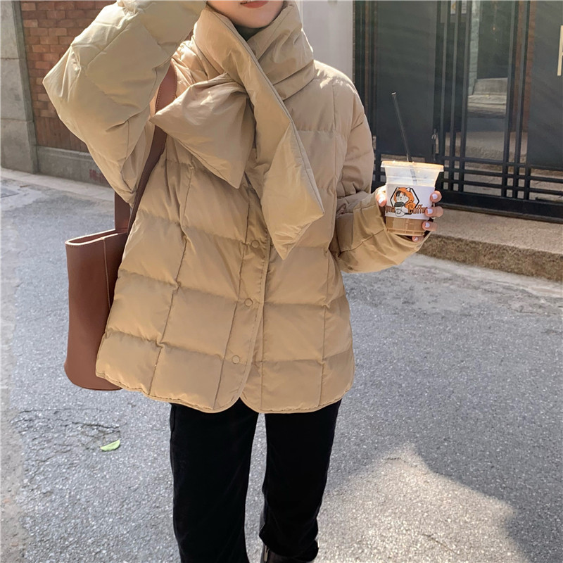 Winter Jacket Women Solid Basic Coat OL Loose Thicken Warm Cotton Padded Bread Clothes Parkas with Scarf 210421