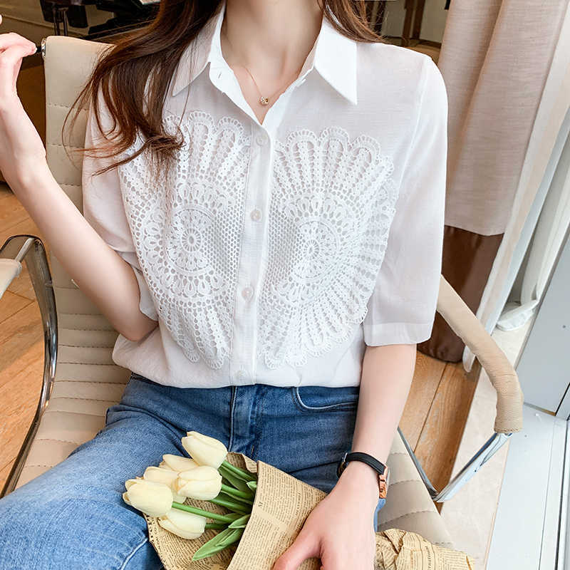 Korean Women Shirt Chiffon Blouses for Half Sleeve Shirts Female White Lace Embroidery Blouse Tops Plus Size Woman 210604