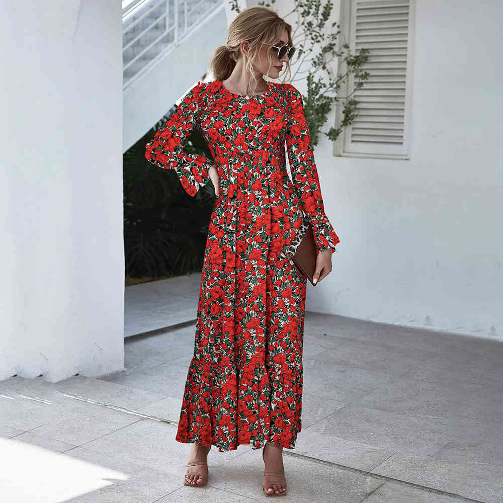 Long Dress Autumn Winter Dots Flroal Print Ruffle Black Clothes Elegant Ladies Flower Long Sleeve Maxi Dresses For Women 210409