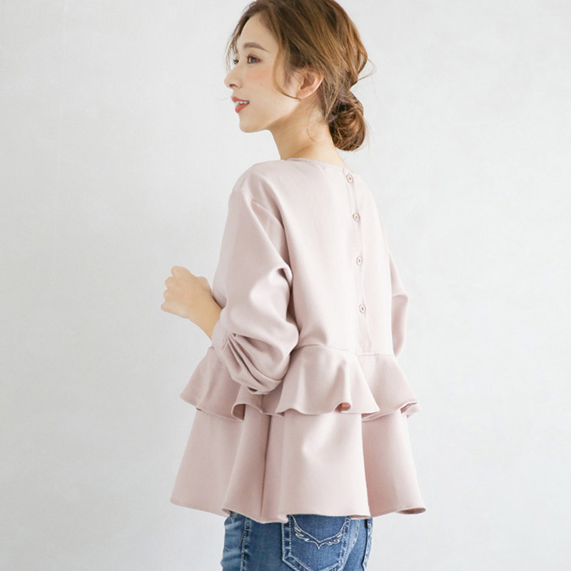 Patchwork Ruffles Pullover Blouse Women's Summer Round Neck Back Button Long Sleeve Shirt Female Tide 5E228 210427