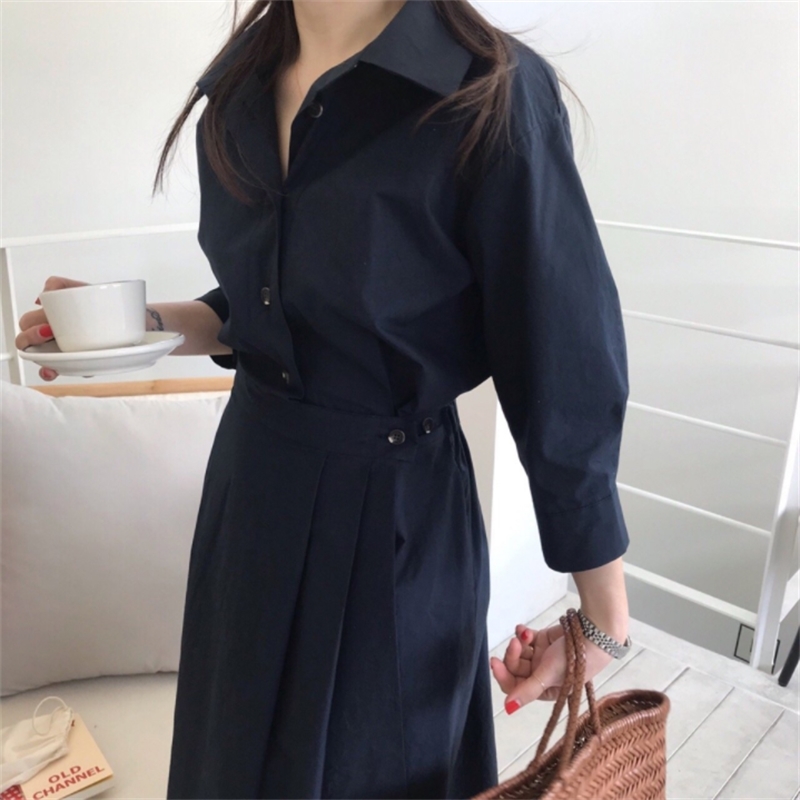 Autumn Long Sleeve Korea Chic Pleated Dresses Turn-Down Collar Single-Breasted Casual Ladies Shirt Vestidos 210520