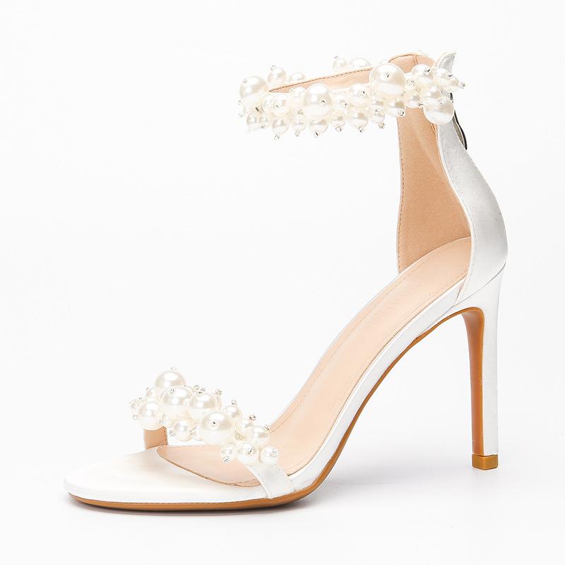 Dress Shoes Women's Pearl Strap Sandals 2021 Summer Back Zipper Round Toe All-Matching Stiletto Heel High Heels