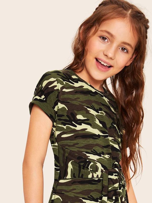 Girls Tie Waist Camouflage Tee Dress SHE