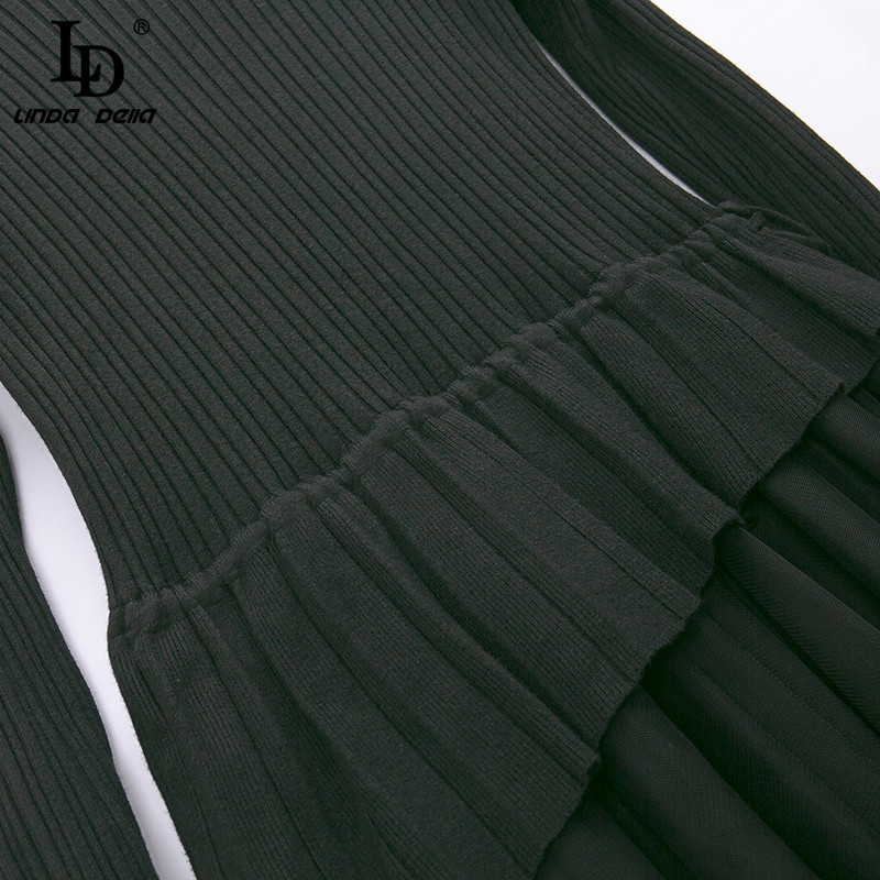 Summer Fashion Runway Dress Women Long Sleeve Knit Mesh Patchwork Asymmetrical Ladies Elegant Black Midi 210522