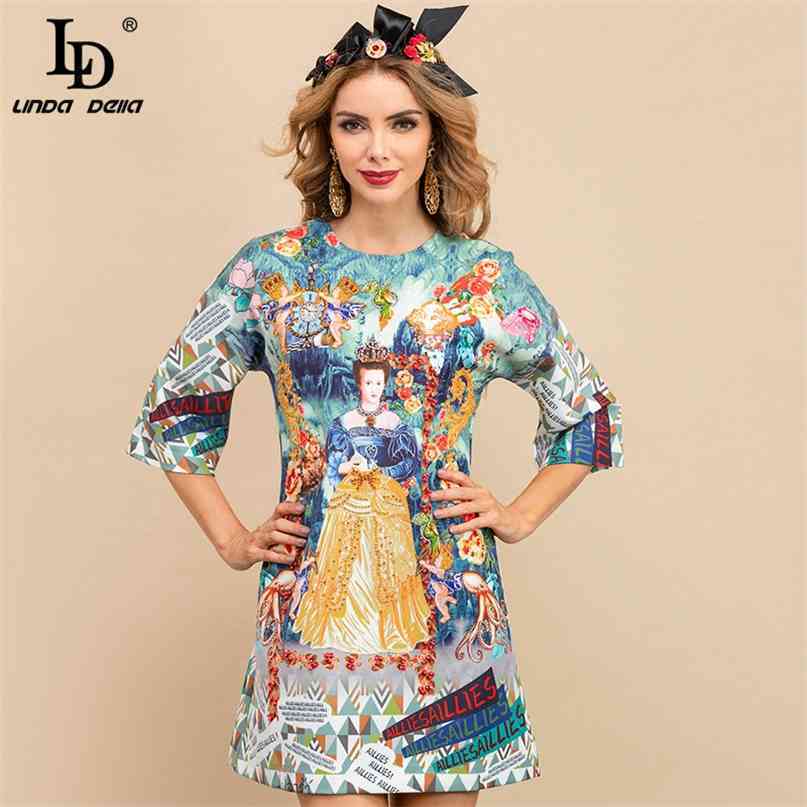 Summer Fashion Runway Elegant Party Dress Women Half Sleeve Crystal Beading Letter Print Lady Loose Mini 210522