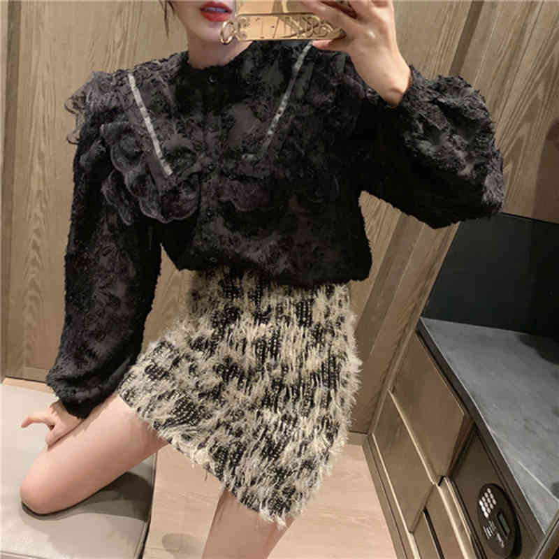 Arrival Autumn Korea Fashion Women Puff Sleeve Lace Shirts All-matched Sweet Cute Hairy Blouse Tops Female Blusas S518 210512