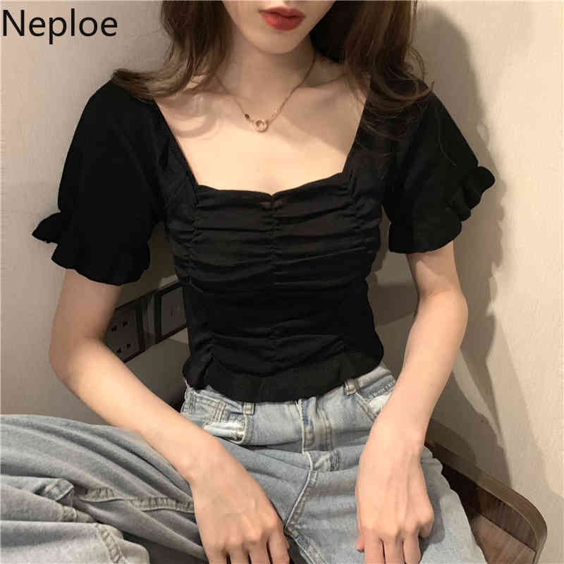 Neploe Shirts for Women High Waist Slim Crop Tops Square Collar Short Sleeve Knit Tshirts Sweet Ruffles Pleated White Tops Femme 210422