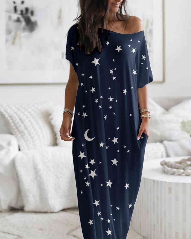 Women Summer Elegant Short Sleeve Stars Print Casual Dress 210415