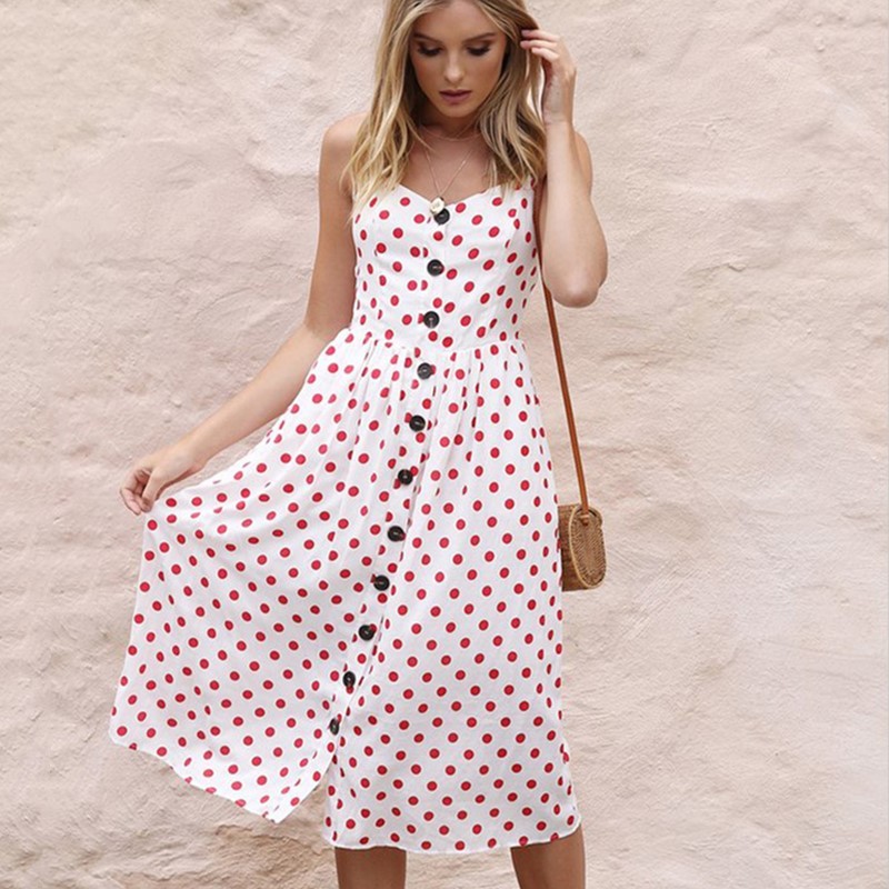 Sexy Summer Midi Dresses Women's Boho Backless Sleeveless Button Striped Dot Solid Ladies Dress Slip Sundress With Pockets Robe 210522