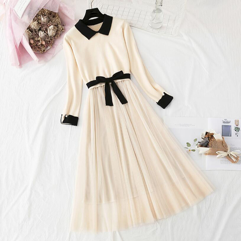 Autumn Winter Women Knitted Dress Vintage Mesh Patchwork Sweater Dresses Bow Elegant Lady Long Sleeve Dress Vestidos 210521
