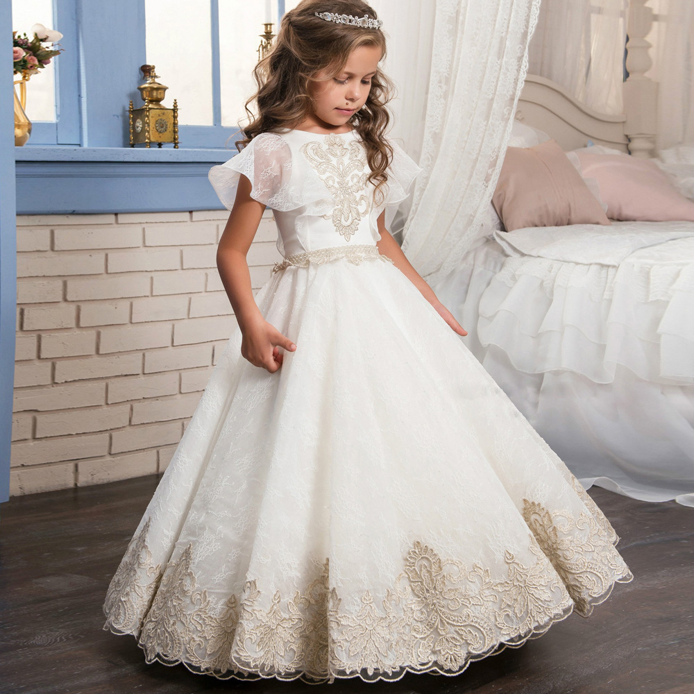 2021 Gold Flower Girl Dresses For Wedding Spaghetti Lace Floral Appliques Tiered Skirts Girls Pageant Dress A Line Kids Birthday Gowns 0510