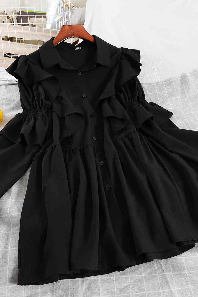 LoveFlowerLife Spring Autumn Solid Turndown Collar A Line Dress Slim Sexy High Waist Mid-Calf Women Dresses 210521