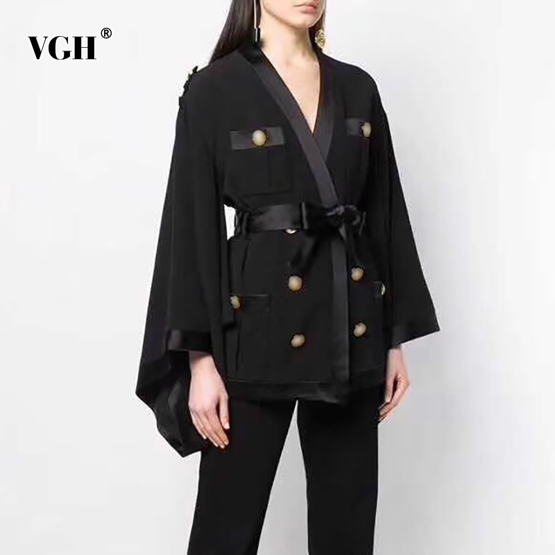 VGH Patchwork Elegant Women's Coat V Neck Long Flare Sleeve Casual Loose Pockets Black Coats Female Fashion Clothing Autumn 210421